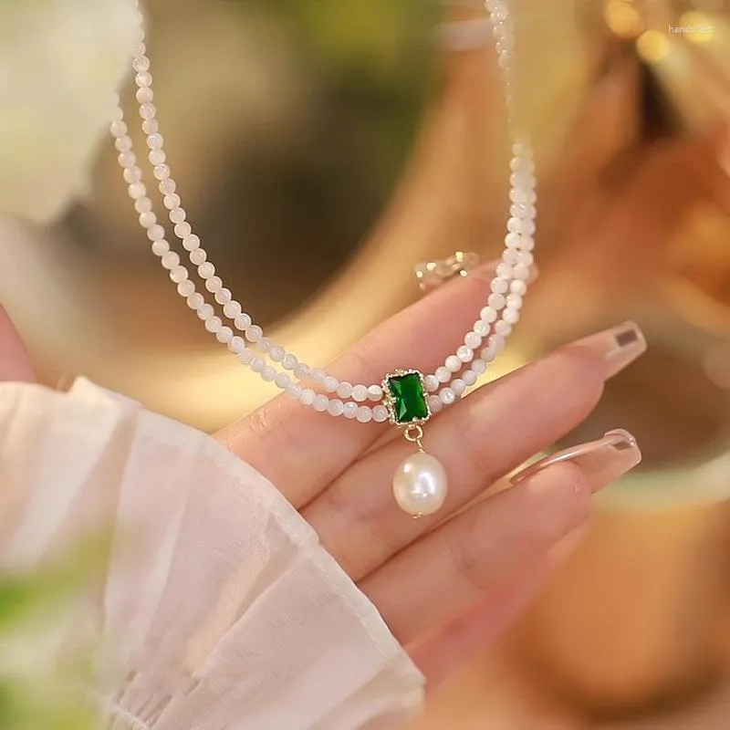 Choker Minar Sierlijke Witte Natuurlijke Shell Groene CZ Zirkoon Kralen Ketting Voor Vrouwen Dubbel Gelaagde Zoetwater Parel