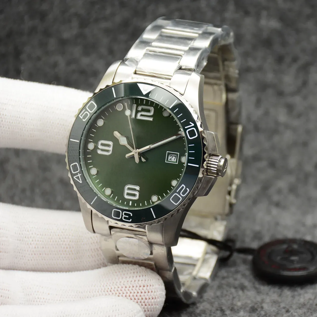2023 41MM Conquest Mens Watches Automatic Mechanical Movement Stainless Steel Bracelet Concas Ceramic Bezel With HYDROCONQUEST Hardlex Glass Markings Green Dial