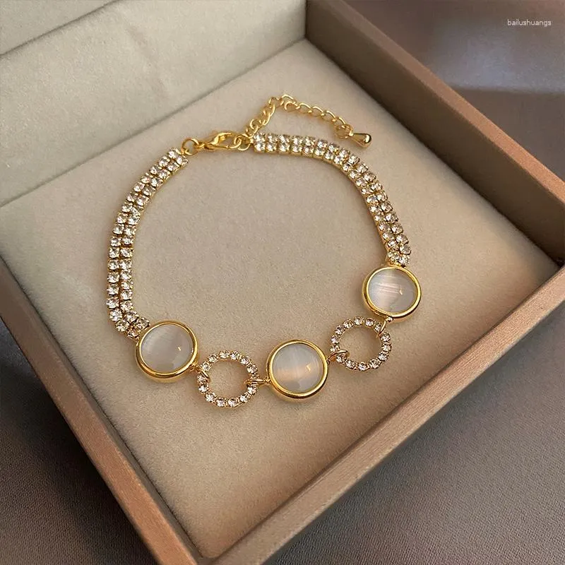 Charm Bracelets 14K Gold Plated Korea Design Fashion Jewelry Luxury Shiny Crystal Round Opal Bracelet Elegant Women's Party