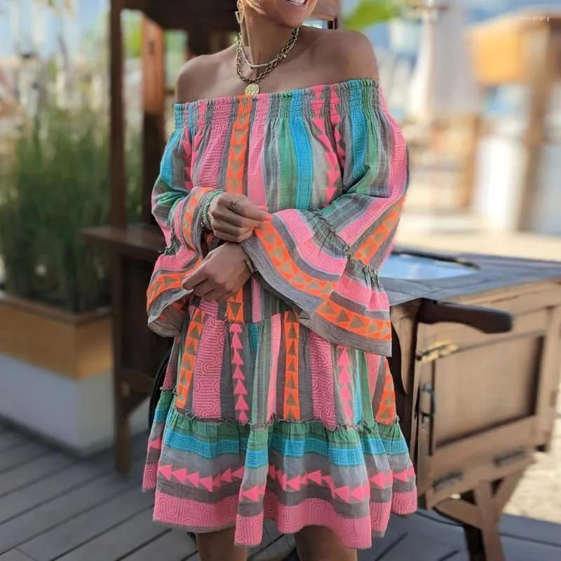 Casual Dresses Flared Long Sleeve Dress Off Shoulder Loose Bohemia Style Retro Printing With Ruffle