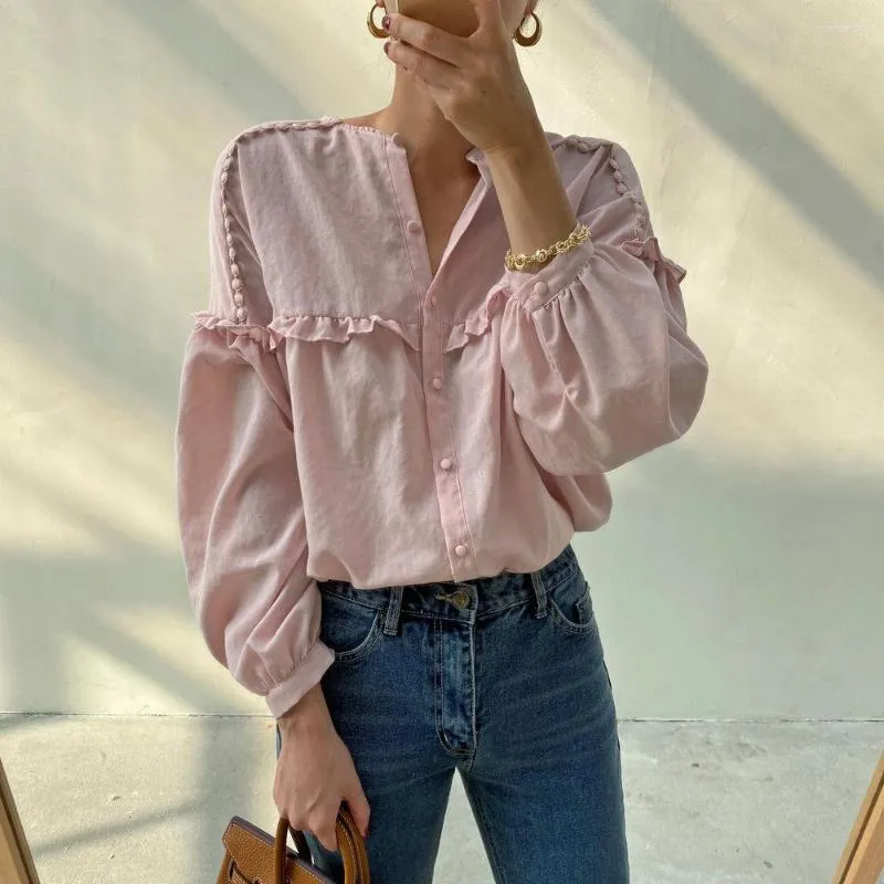 Women's Blouses DUOFAN Pink Shirt Women Eleegant Ruffle Long Sleeve Korean Aesthetic Fashion Blusas Summer Loose Casual Tops Y2K Clothes