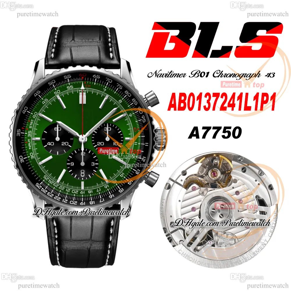 BLS NAVITIMER B01 ETA A7750オートマチッククロノグラフメンズウォッチグリーンスティックダイヤルブラックレザーストラップAB0137241L1p1スーパーエディションリロジホムブレウォッチPuretime K11