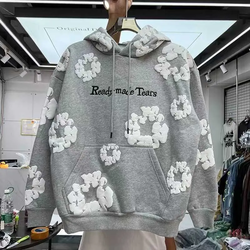 Fashion Mens Readymade Denim Tears Hoodies Flower Puff Printed