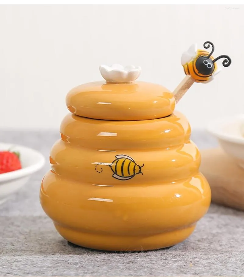 Storage Bottles Honey Pot Ceramic Beehive And Wooden Dipper Jar With