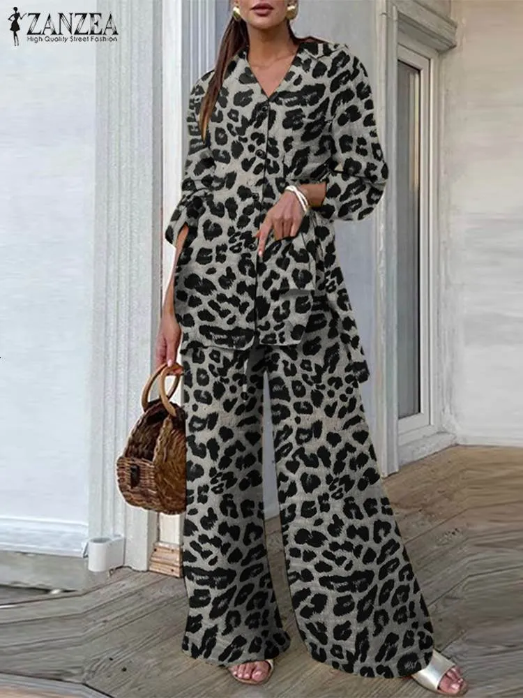 Women's Leopard Print Tracksuit Set - Long Sleeve Top And Pants Outfit, Blue, Size XL