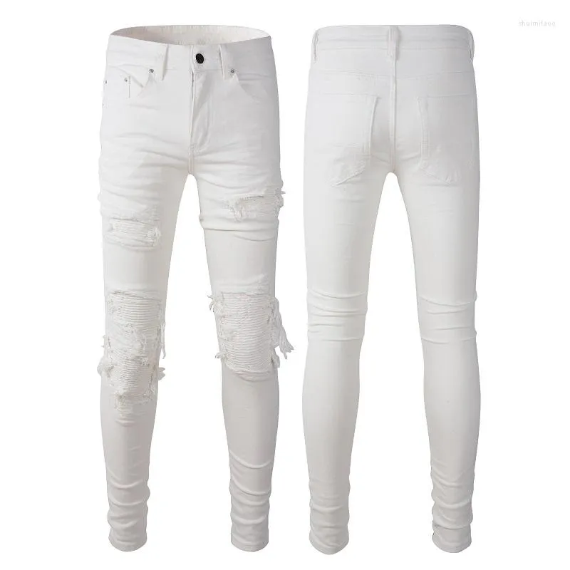 Jeans da uomo Pantaloni da uomo strappati strappati bianchi con costole distrutte Slim Fit Stretch High Streets Pantaloni in denim taglia 38-40