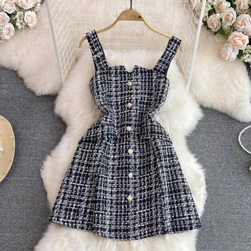 Casual Dresses Cacocala 2023 Spring Autumn Fashion Women Strap Dress Simple Plaid ärmlös a-line kvinnlig ullvestidos