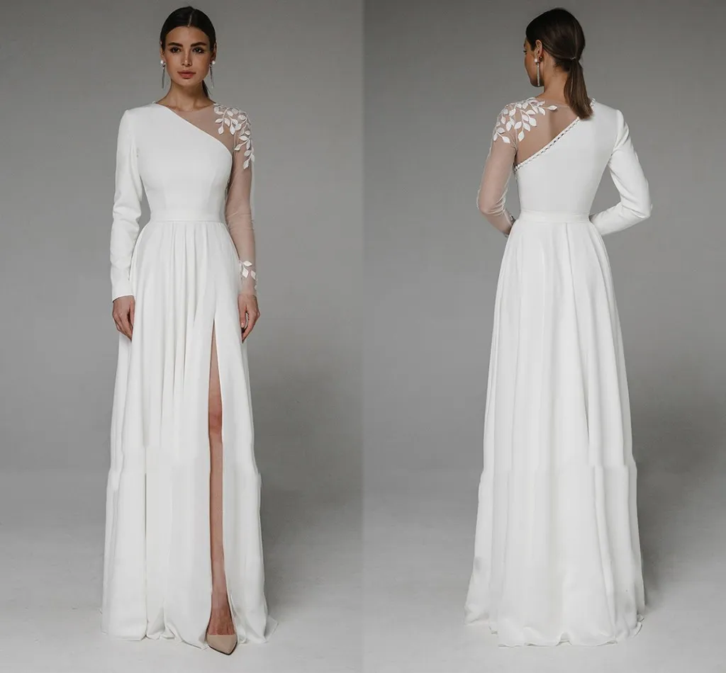 Abiti da sposa eleganti semplici lunghi fino al pavimento Abiti da sposa 2023 Abito da sposa bianco Festa per la sposa Manica lunga Taglia personalizzata Vestidos De Noiva