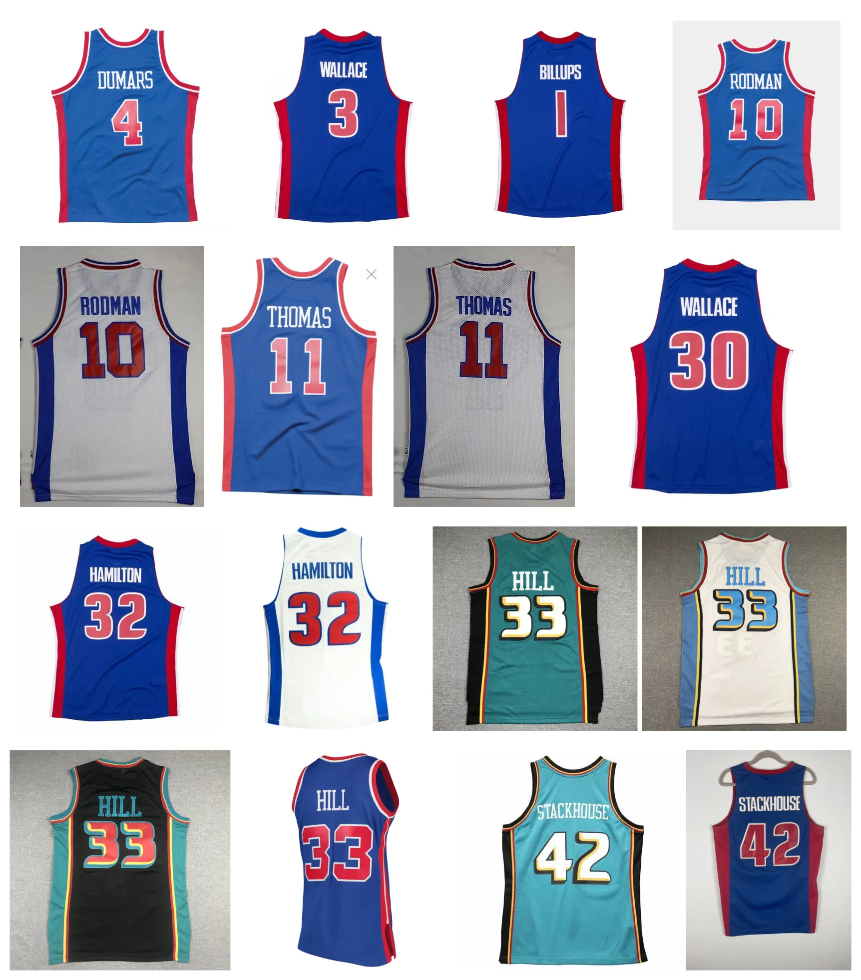 Grant Hill Piston Basketball Jersey Detroits Joe Dumars Ben Wallace Chauncey Billups Rasheed Wallace Jerry Stackhouse Throwback Blue Size S-XXL