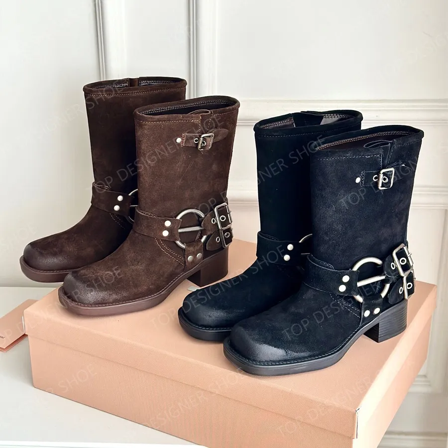 Harness Belt Buckled Cowhide Leather Biker Boots Chunky Heel Zip Knight Boots Fashion Square Toe Ankle Booties Womens Luxury Designer Shoes Suede Boots From Topdesignershoe 113.27 DHgate.Com
