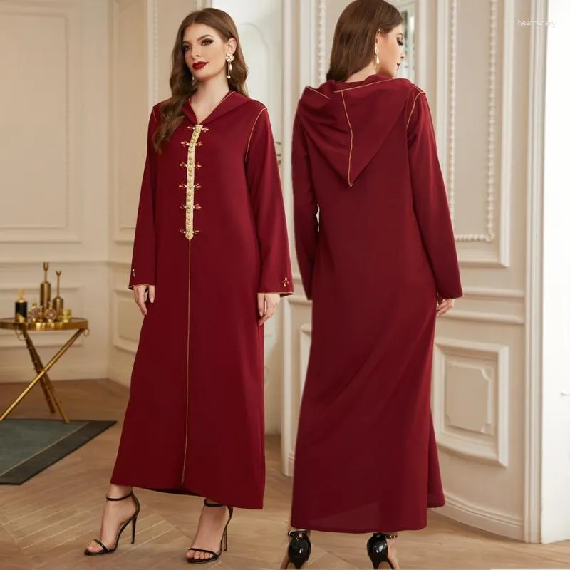 Abbigliamento etnico Elegante colore scuro Donna musulmana da donna Abiti con cappuccio a maniche lunghe Caftano Abito con strass Decorazione Festa messicana Abaya