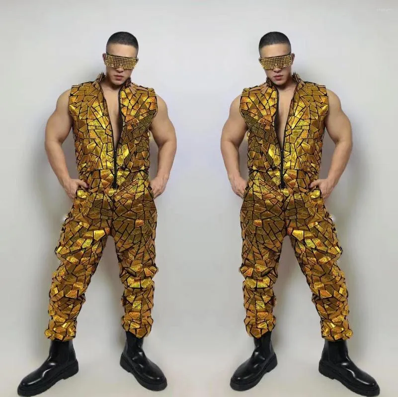 Roupa de palco Macacão de lantejoulas com espelho dourado Adulto Masculino Hip Hop Roupas de dança Festa Rave Roupa Boate Dj Dançarina Fantasia