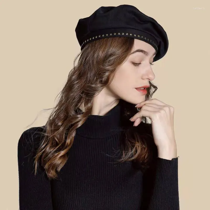 Boinas 2023 primavera outono chapéus para mulheres cinto estrela algodão/couro PU britânico retrô senhora chapéu octogonal feminino preto artista pintor bonés
