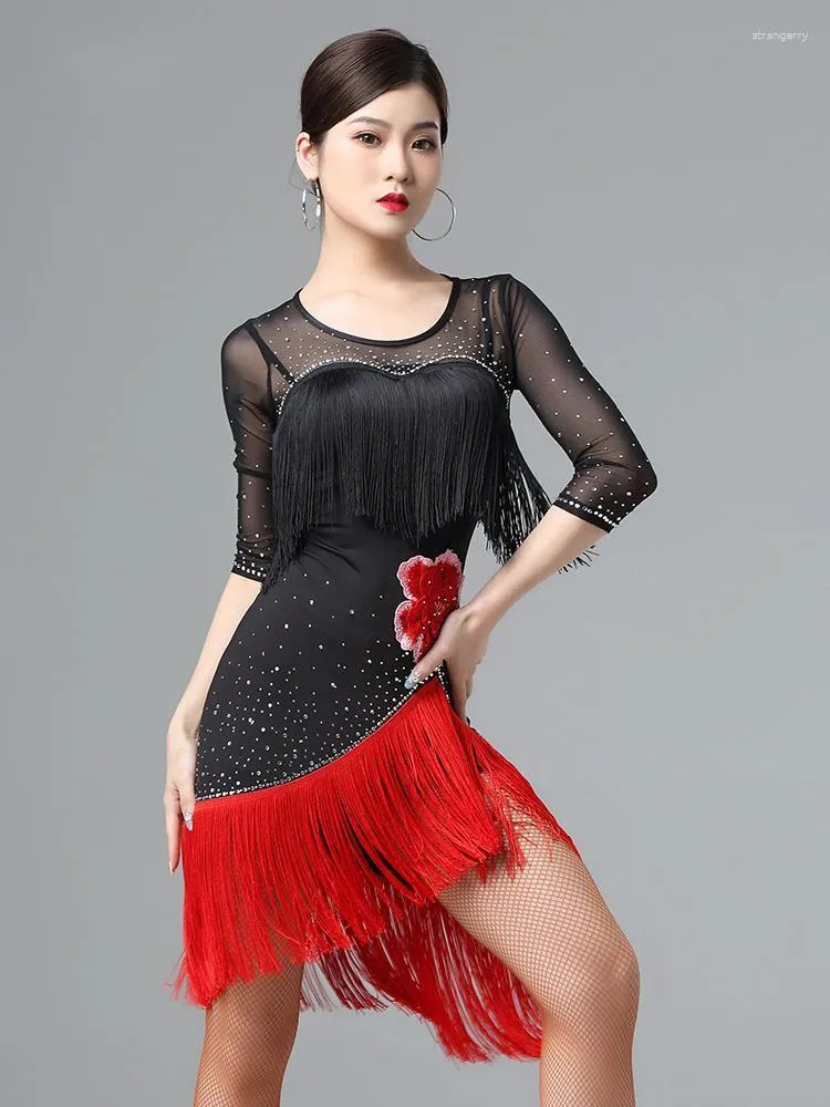 Stage Wear Latin Dance Costume Femme Adulte Performance Practice Dress Tassel Group Large Size