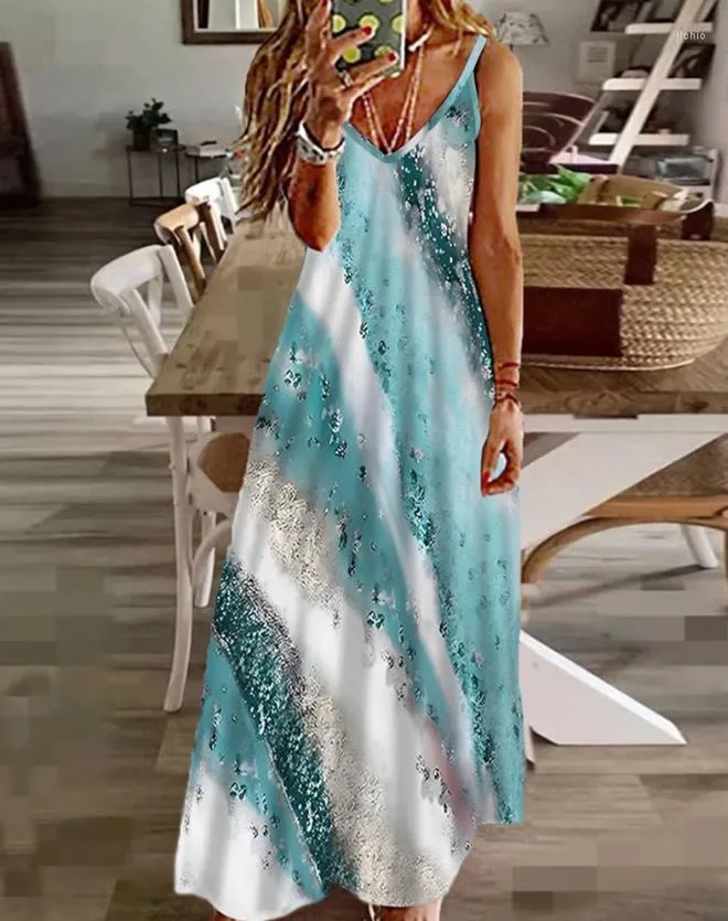 Casual Dresses Women's 2023 Summer Fashion Tie Dye Print V-Neck Sleeveless Daily Vacation Maxi A Line Dress