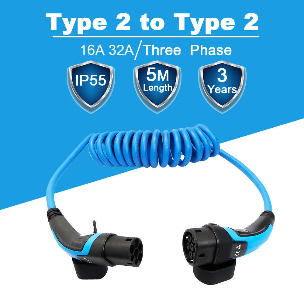 11KW 22KW 16A 32A EV Charging Cable Type 2 to Type 2 IEC62196-2 With 5 Meter Three Phase for EV Car TUV/UL Spiral Cable