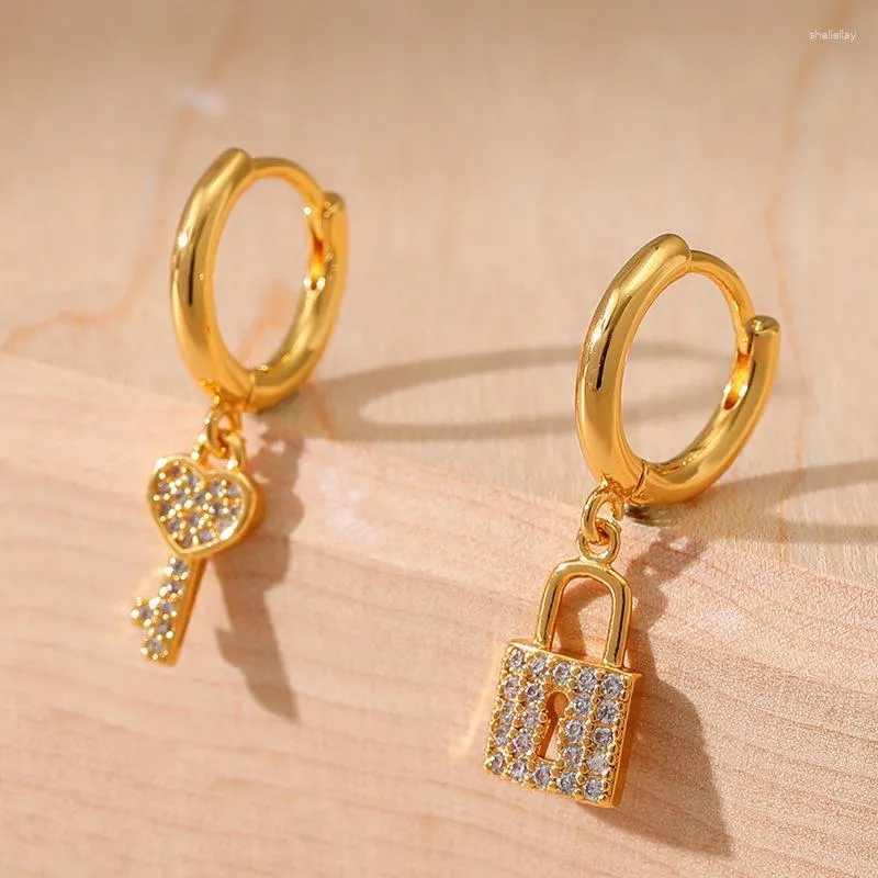 18K Gold Plated Key Lock Matching Couple Hoop Earrings for Women and Men Lover