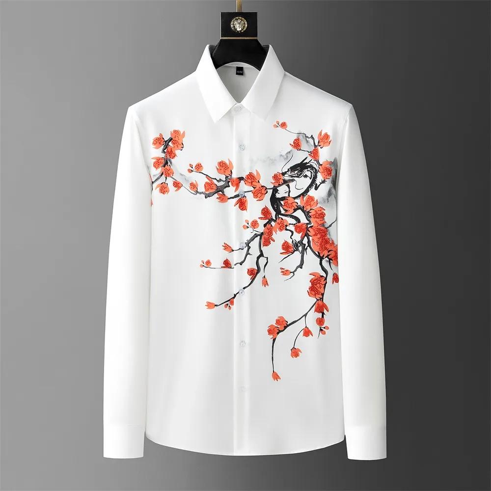 Märke 2023 Autumn Flower Rhinestone Shirts For Men Long Sleeve Casual Tops Luxury Wedding Prom Tuxedo Social Dress Shirt Blus