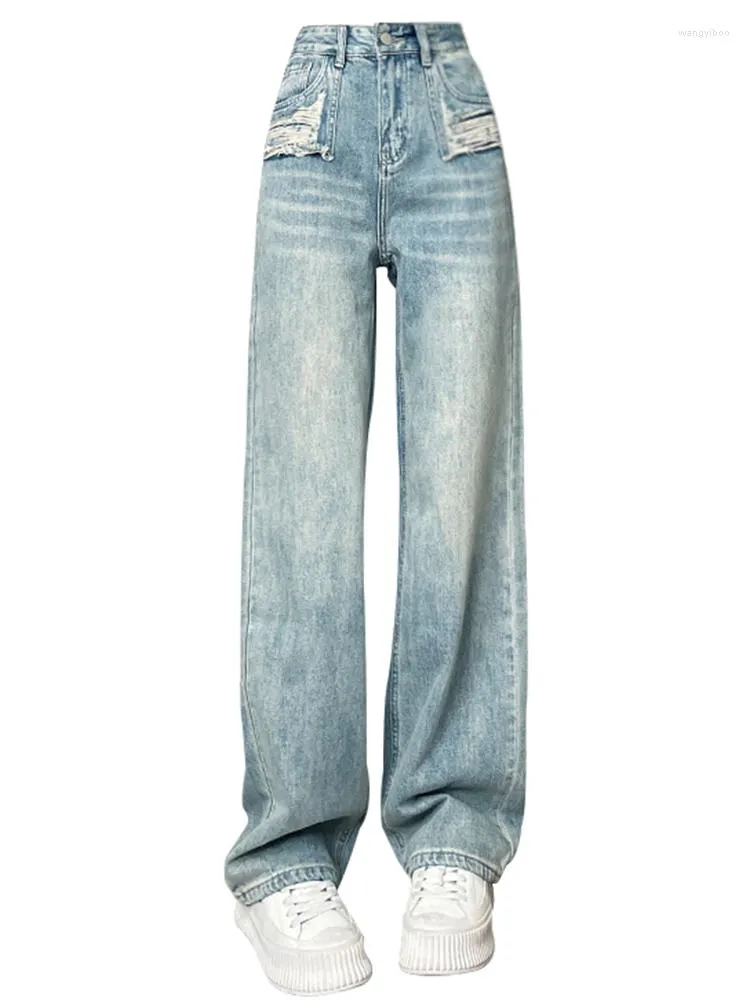 Kvinnors jeans kvinnor vintage rippade tvätt denim byxor baggy hajuku baddie långa byxor y2k streetwear 2000s estetiska koreanska mode