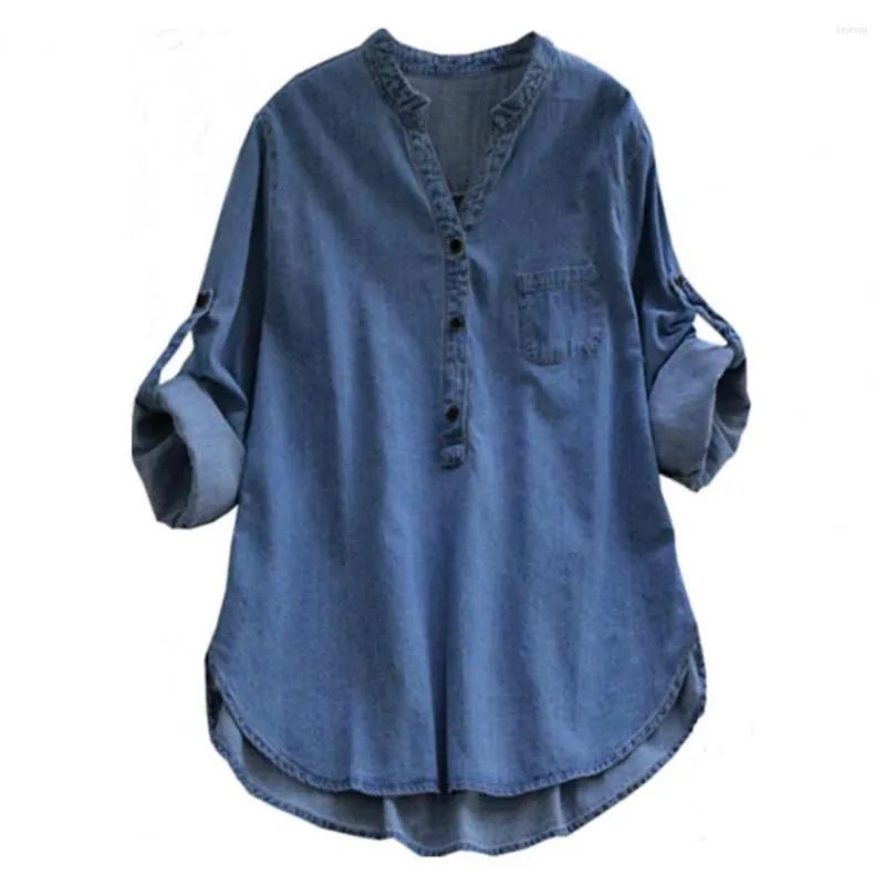 Camicette da donna Camicia da donna traspirante Tinta unita Denim Elegante colletto alla coreana con scollo a V per alla moda