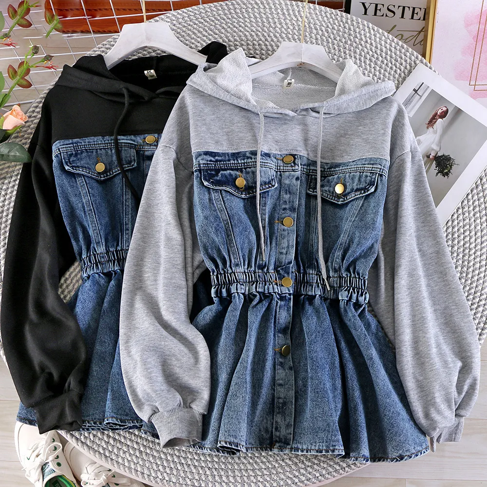 Women's Hoodies Sweatshirts Korean student Harajuku style hooded stitching denim female fake two longsleeved waist coat 230728