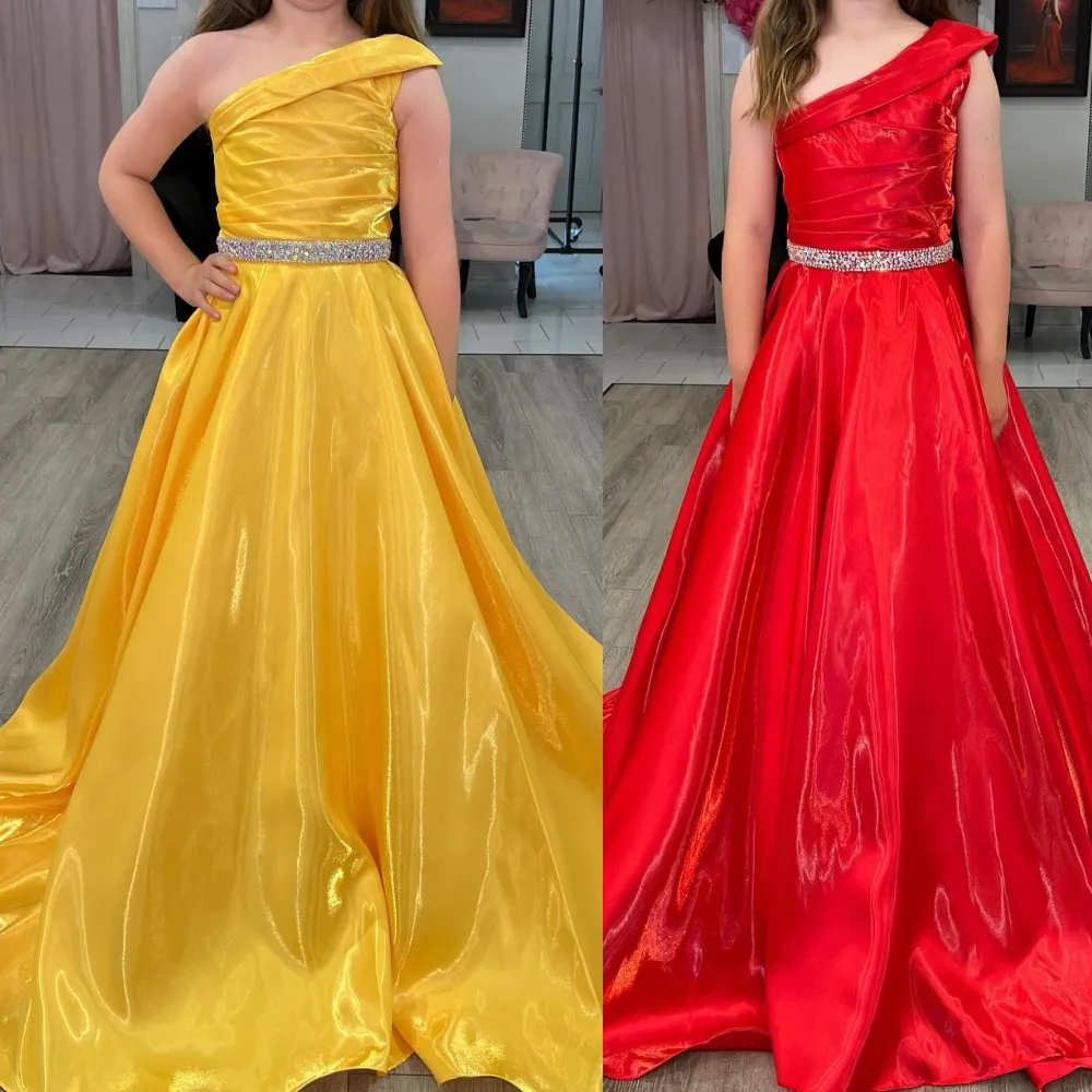 Cherry Girl Preteens Pageant Dress 2024 Shimmer Satin One-Shoulder Little Kid Anniversaire Robe de soirée formelle Infant Toddler Teens Tiny Young Junior Miss Marigold Beaded