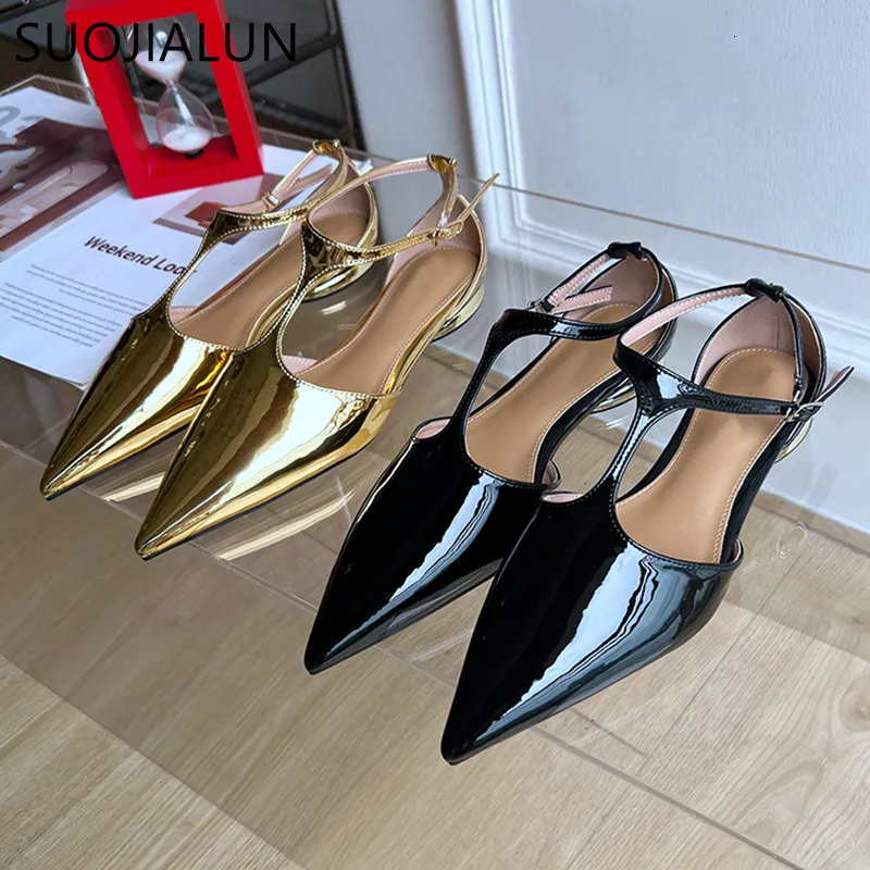 Sapatos formais SUOJIALUN Feminino Marca Sapatos Salto Baixo Moda Bico Pontudo Dourado Senhoras Vestido Elegante Sapatos Slingback Salto Baixo Sapatos Mary Jane 230729