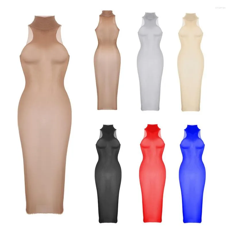 Vestidos casuais feminino sexy ultrafino sedoso transparente vestido feminino bodycon sem mangas midi meia