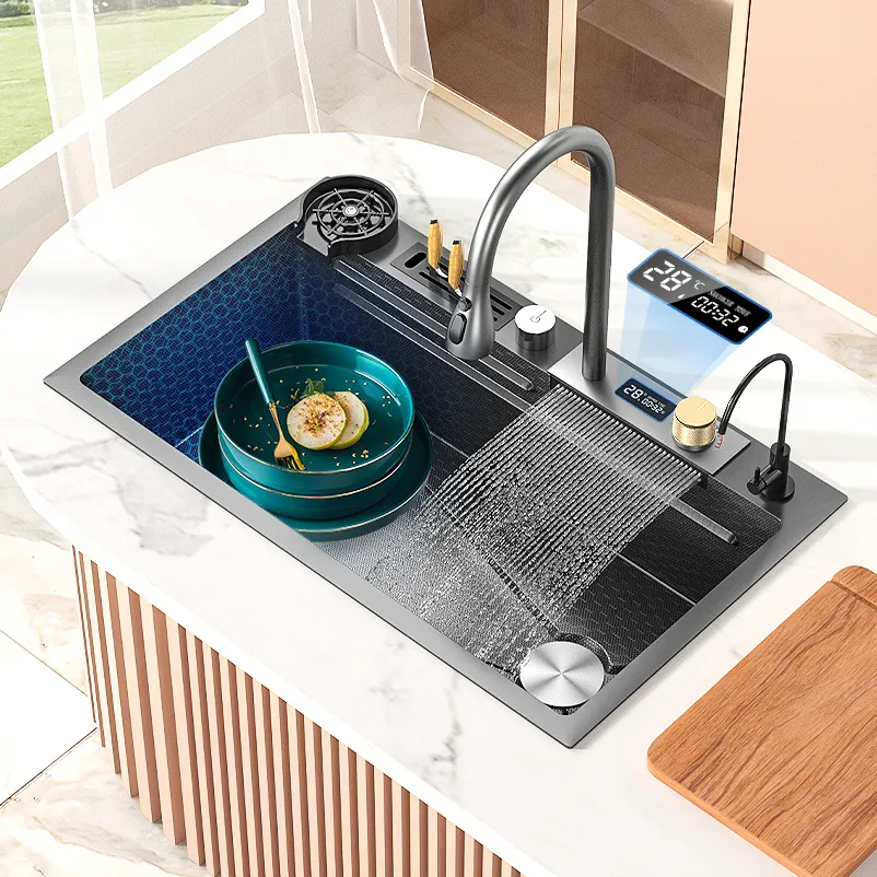 Lavello da cucina multifunzione Lavello a cascata in acciaio inossidabile per cucina nano Grande lavabo a fessura singola prodotti per lavello intelligente