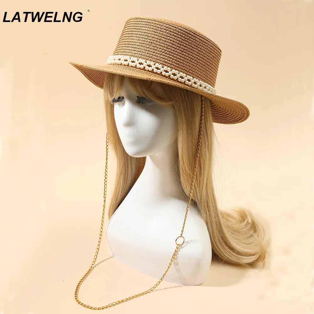 Wide Brim Hats Bucket Designer Chain Necklace Sun With Pearl For Women Summer Foldable Beach Ladies Fashion Party Hat Wholesale 230729