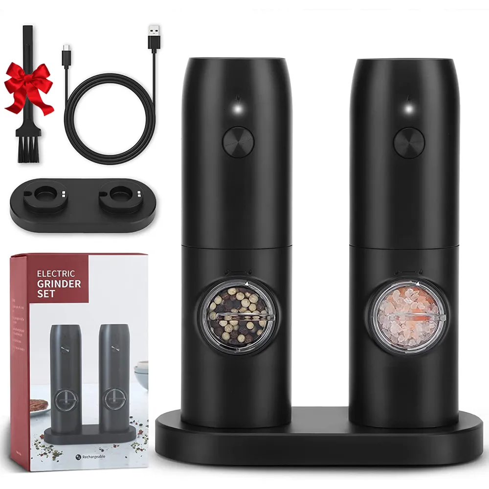 Mills Electric Automatic Salt and Pepper Grinder set USB充電式バッテリーパワー調整可能な粗さスパイスミルLEDライト230728