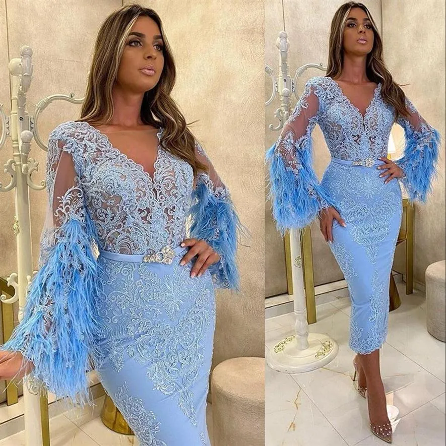 2021 New Sky Blue Arabic Aso Ebi Short Prom Dresses Long Sleeves Lace Appliques Feather Tea Length Evening Gowns For Girls Cocktai188z