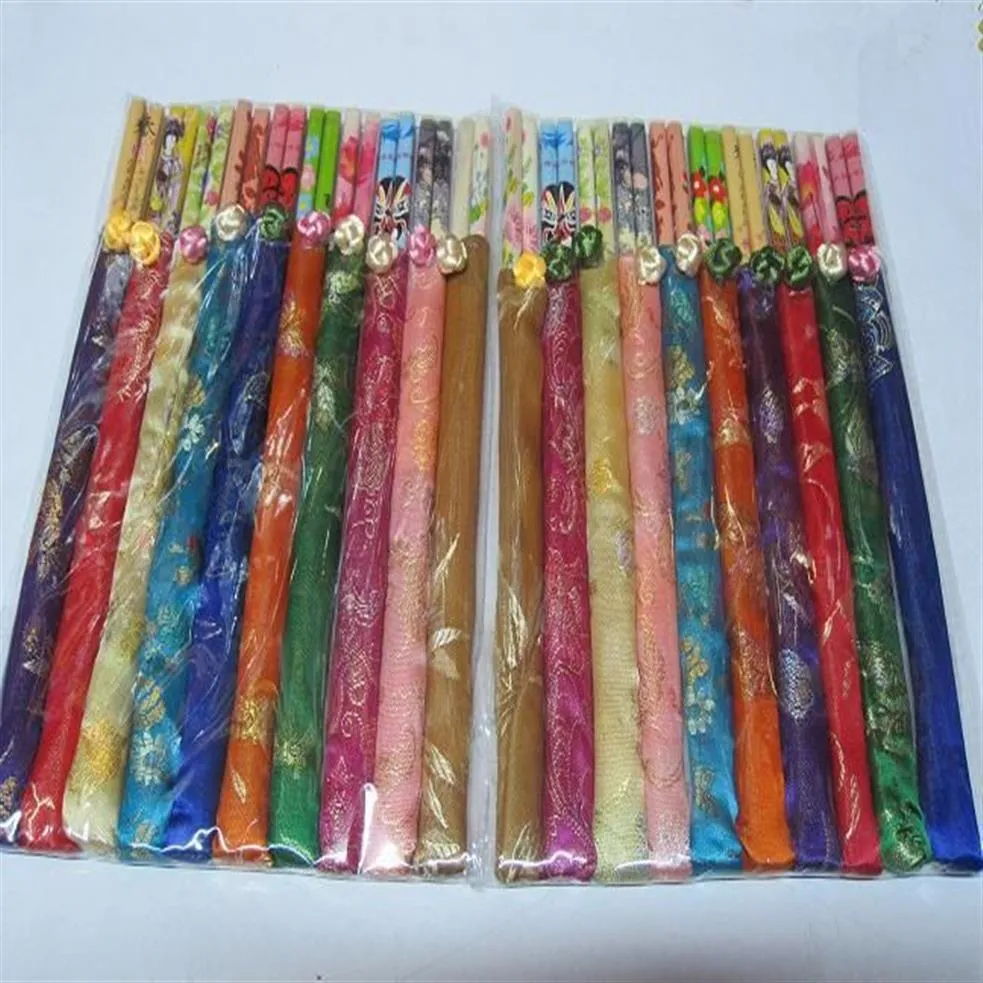 Personalized Wedding Party Disposable Chopsticks with Silk Pouch Wood Chopstick Favors 10pair pack mix color269e