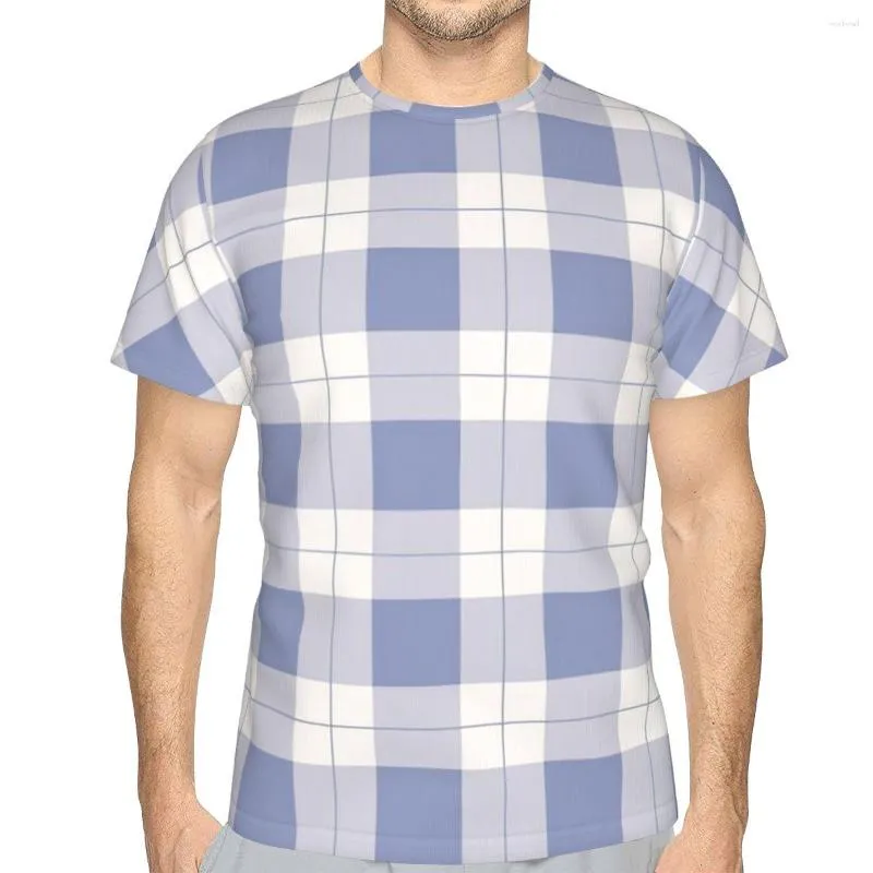 Herren-T-Shirts, kariertes Kunst-Polyester-T-Shirt, Bauernhaus-Cottage-blaues und weißes Muster, unverwechselbares Homme-dünnes Hemd, lustige Kleidung