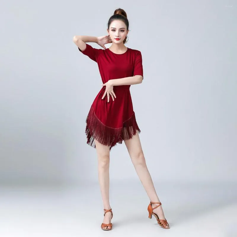 Vêtements de scène rouge robe de danse latine à manches moyennes gland une pièce pour les femmes femme salle de bal Tango Rumba Costumes