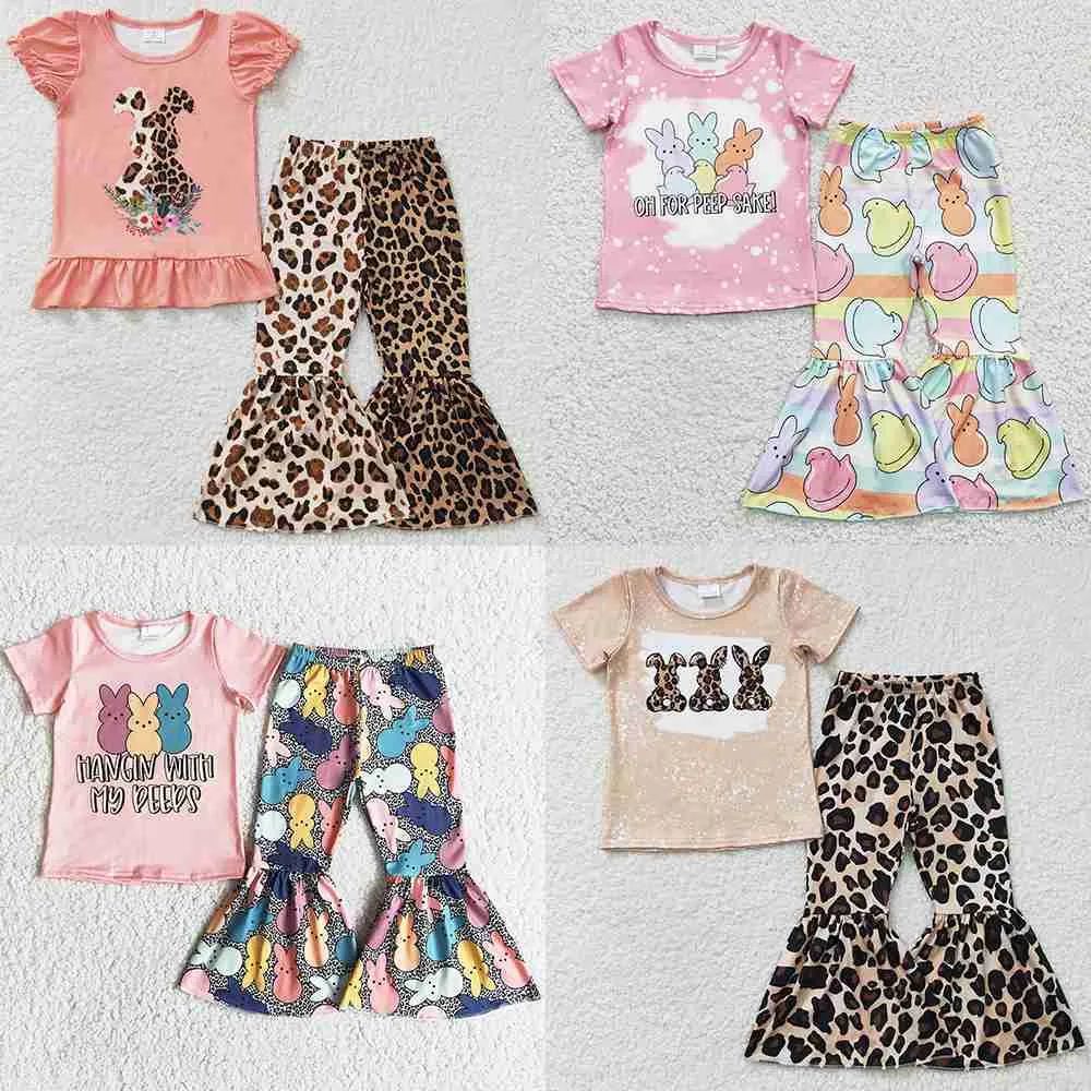 Groothandel Baby Meisje RTS Kleding Set Leuke Konijn Print Pasen Kinderkleding Meisjes Lente Bell Bottom Outfits Kinderen Pak