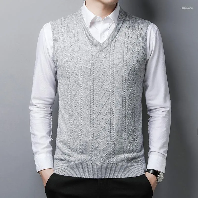 Men's Vests Men Wool Sweater Vest 2023 Autumn Man V-neck Sweaters Waistcoat Sleeveless Striped Knitted