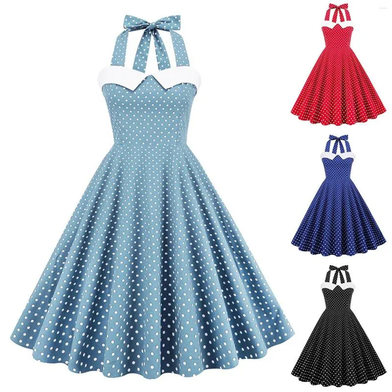 Robes décontractées Polka Dot Hepburn Style 50s 60s Vintage A-Line Dress Femmes Halter Neck Pin Up Rockabilly Party Summer For