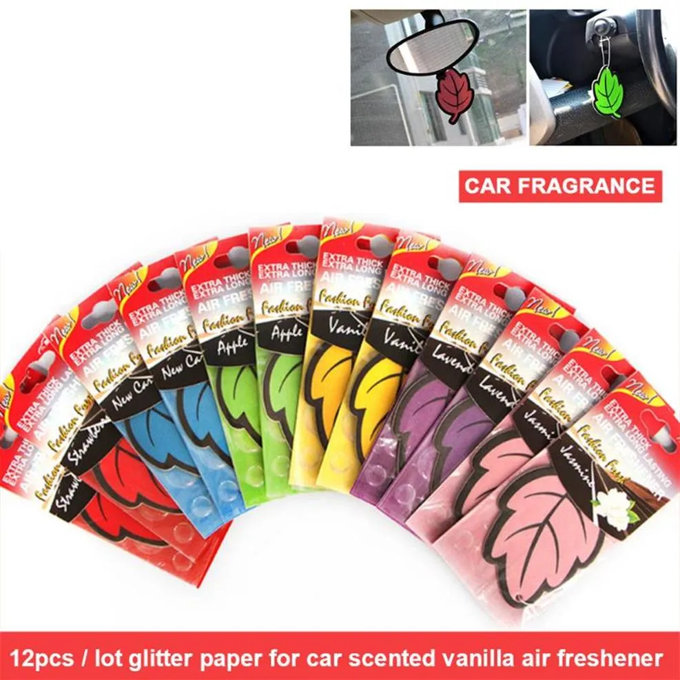 Decorazioni per interni 12Pcs Set Deodorante per auto Auto Shine Paper Hanging Glitter Profumato alla vaniglia Fragranza a forma di foglia per la casa Bo252o