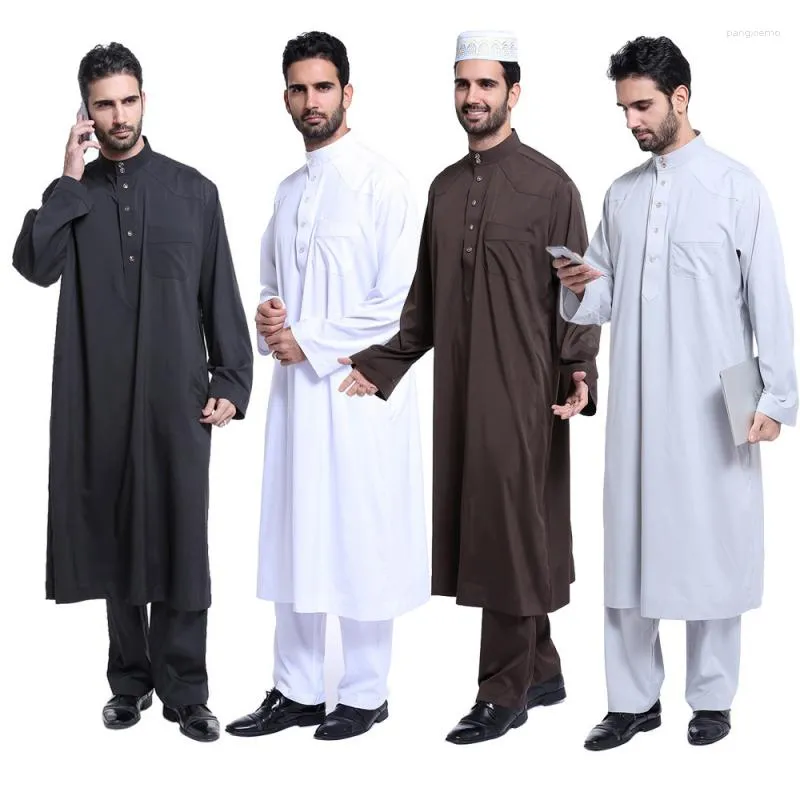 Vêtements ethniques décontracté moyen-orient musulman hommes Thobe Jibbah pantalon 2 pièces costume saoudien homme bouton longue chemise pantalon lâche Robe ensembles