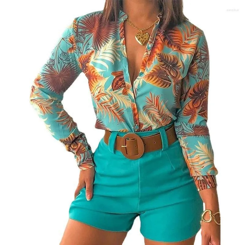 Fatos de Treino Feminino Moda Feminina Terno Conjunto de 2 Peças Roupas Escritório Senhoras Roupas de Verão Com Cinto Manga Longa Blusa Estampada Floral Curta