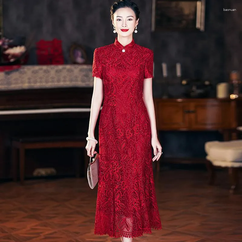 chinese dress ladies Red Lace Midi Length Short Sleeves Qipao Dress main image 1