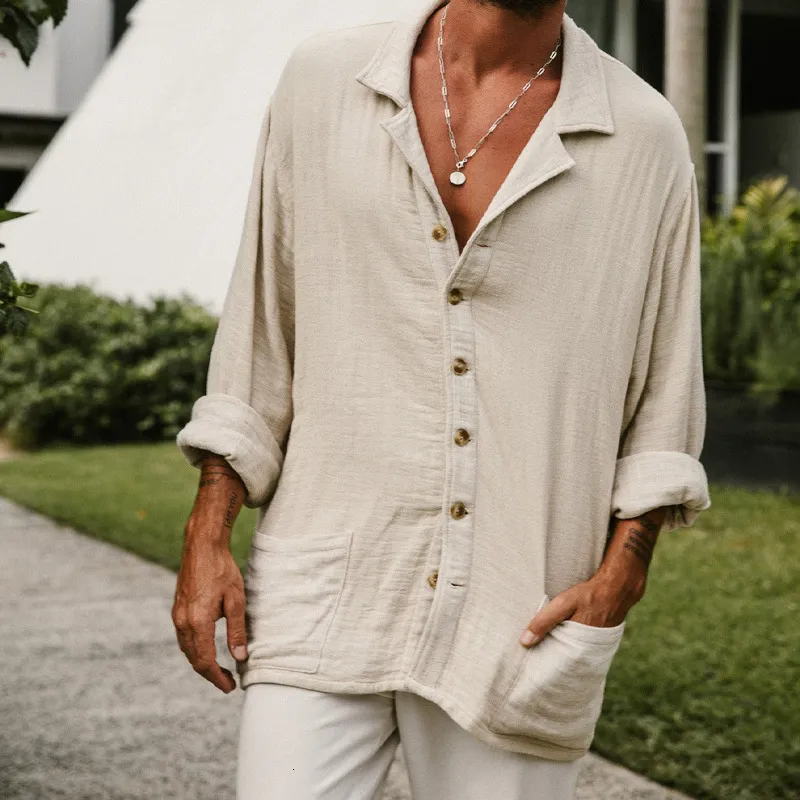 Vintage White Cotton Linen Linen Casual Shirts Men With Long