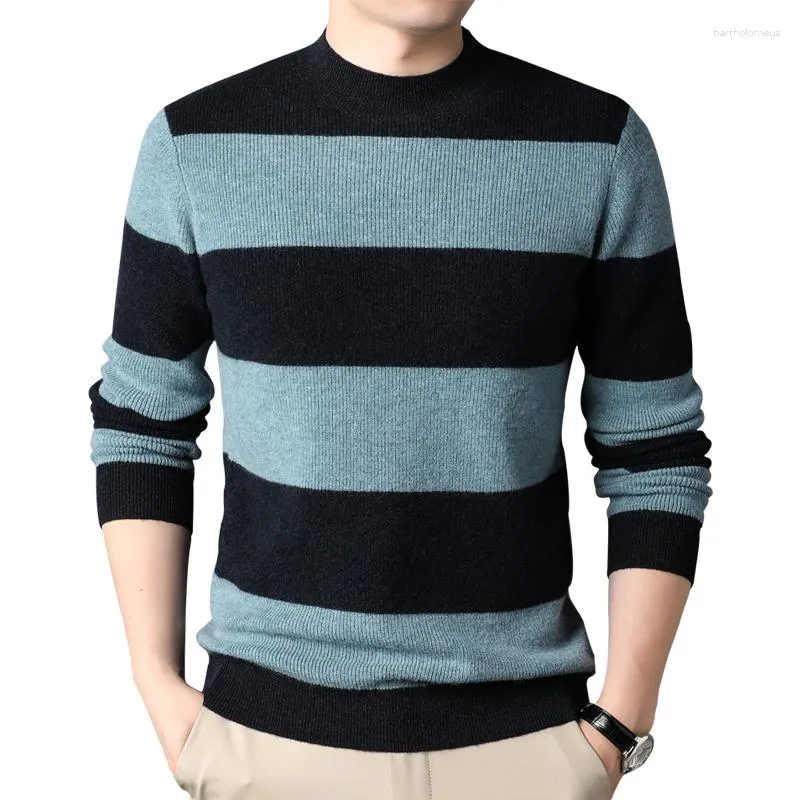 Men's Sweaters Mens Ture Sheep Wool Thick Sweater Autumn & Winter Patchwork Colors Knit Clothing Male Pure Warm StripesKnitwear