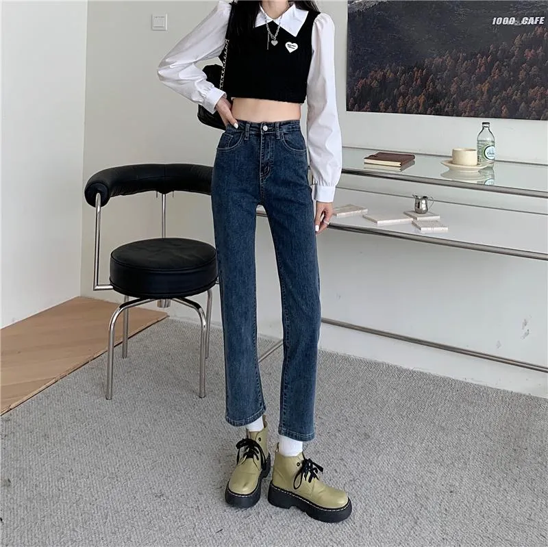 Women's Jeans N4552ハイウエストストレッチストレートレッグパンツアンクルレングス