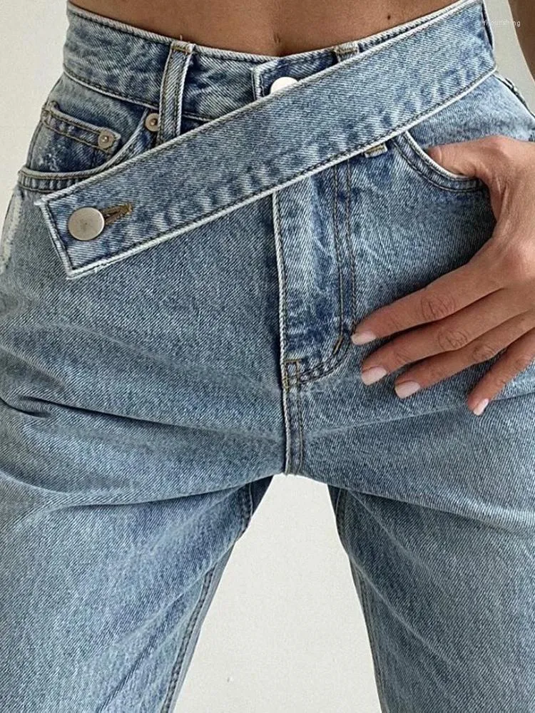 Damen Jeans Harajuku Vintage Frau Schräggürtel Hohe Taille Kleidung Weites Bein Denim Kleidung Blau Grau Streetwear Mode Gerade Hosen