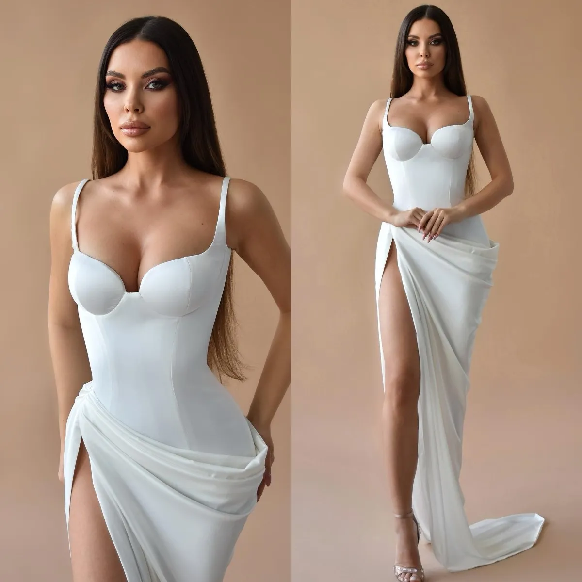 Glamourous Satin Sheath Dresses Spaghetti Wedding Dress Sweep Train Split Robe De Mariee Bridal Gowns