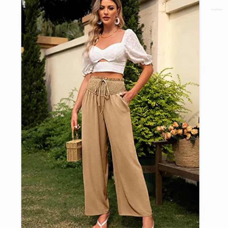 Pantalons pour femmes mode été jambe large taille haute décontracté plage Cargo femmes élastique cordon Baggy pantalon