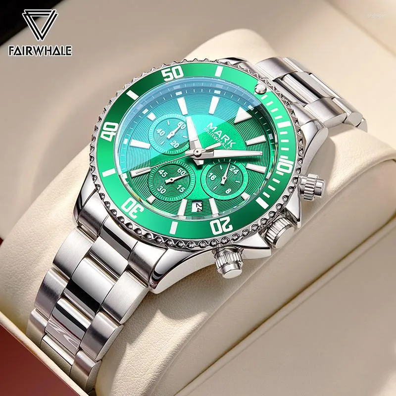 Horloges Luxe Horloges Mannen Mode Beroemde Merken Mark Fairwhale Roestvrij Staal Groen Waterdicht Chronograaf Quartz Horloge Man Reloj