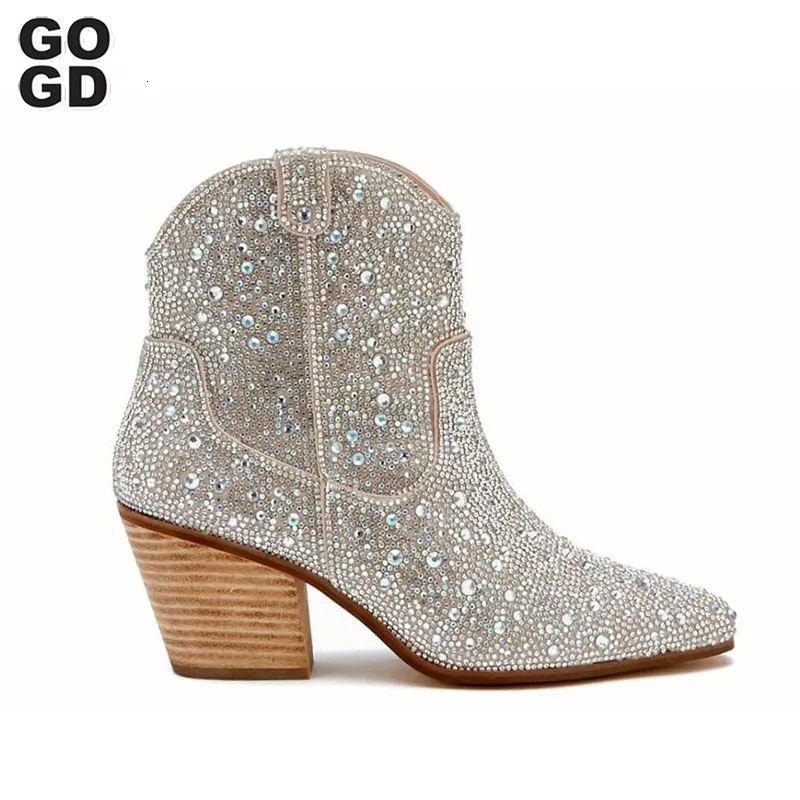 Boots GOGD Fashion Women Ankle Boots Spring Western Cowboy Boots Clear Glitter Bling Shiny Trend High Heels High Quality Shoes 230728